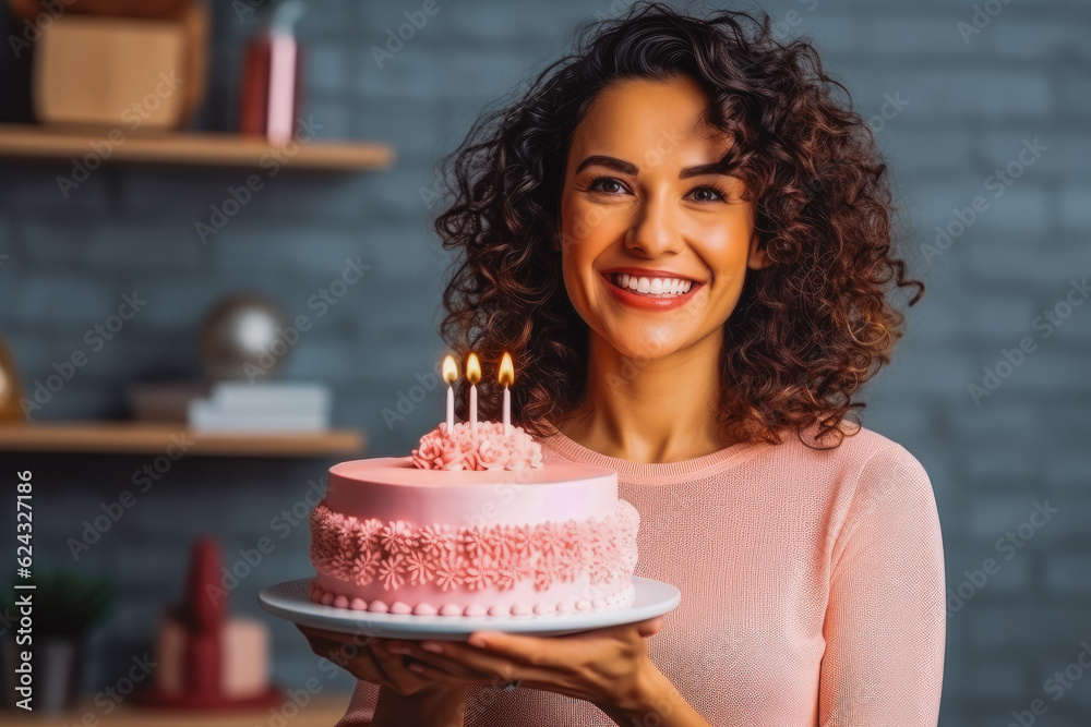 Happy adult latino woman with birthday cake on studio background. Smiling woman holding birthday cake. Generative AI Happy adult latino woman with birthday cake on studio background. Smiling woman holding birthday cake. Generative AI