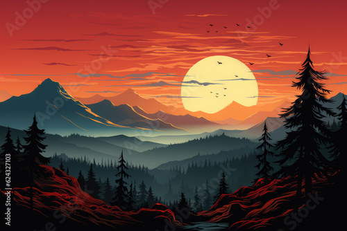 Graphic Mountains Against the Background Sunset Created Using Artificial Intelligence