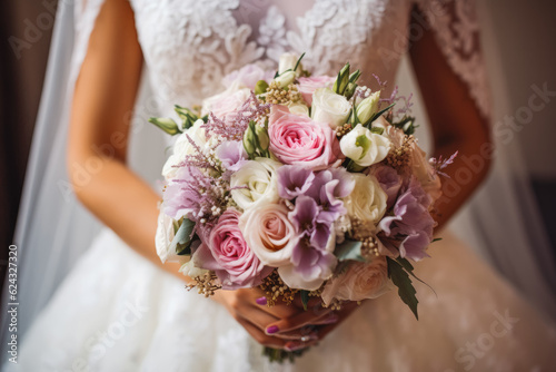 Closeup of bride holding wedding bouquet. Happy bride excited smile for wedding  happiness and marriage. Generative AI