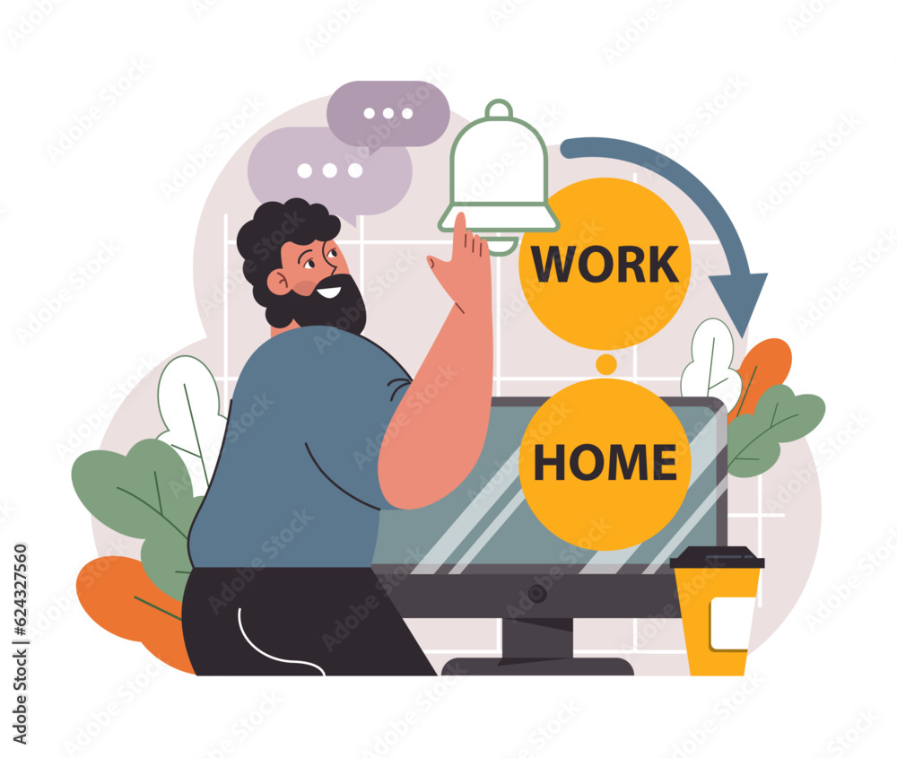 Hybrid work. Characters with a flexible schedule, working from office