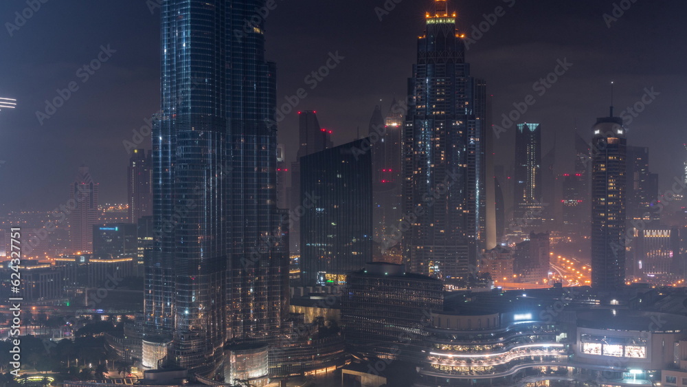 Aerial view of Dubai city all night timelapse in downtown.