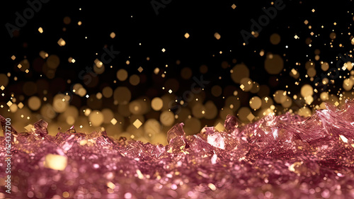 Sprinkle gold pink dust on a black background in the dark,Sparkling pink glitter powder on black background,christmas background,Sprinkle dust pink light Christmas and happy new year.