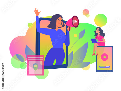 Vector illustration of a blogger shouting loudly into a large megaphone on a laptop screen. Advertising of a website, online service or platform, business promotion on the Internet.