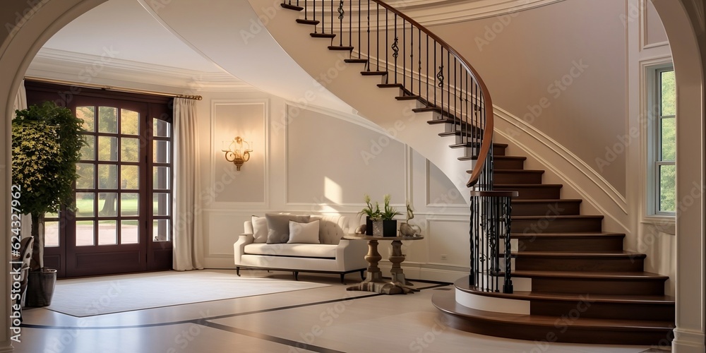 Interior design of modern entrance hall with staircase in villa ...
