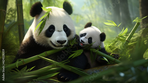 Panda with baby panda eating bamboo leaves in the jungle new quality universal colorful technology image illustration design  generative ai