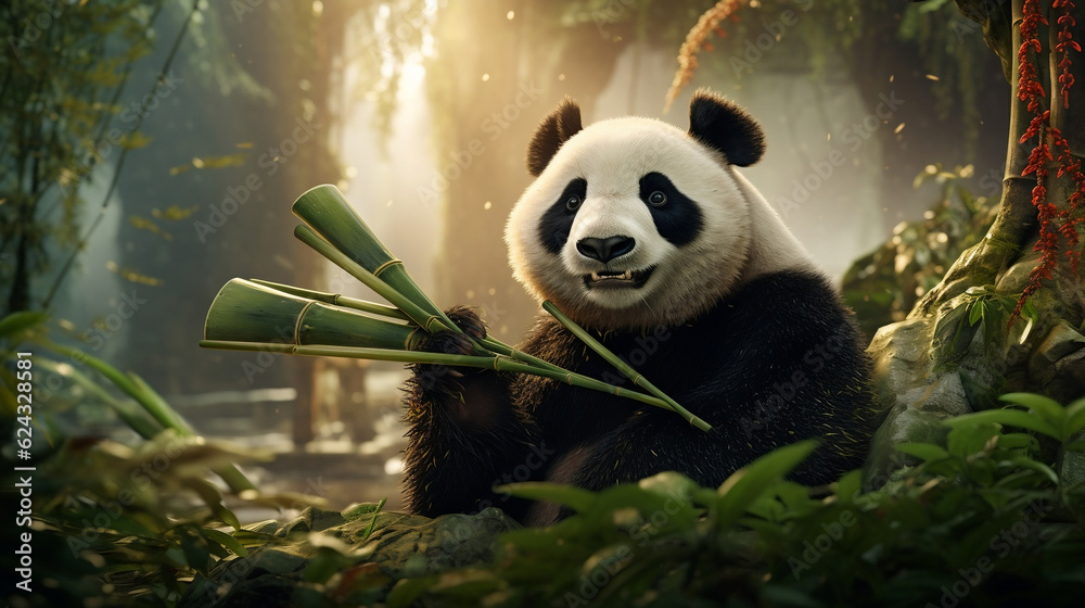 Panda with baby panda eating bamboo leaves in the jungle new quality universal colorful technology image illustration design, generative ai
