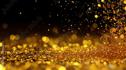 Sprinkle gold dust on a black background in the dark,Sparkling gold glitter powder on black background,christmas background,Sprinkle dust golden light Christmas and happy new year.