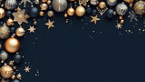 Merry Christmas sign banner frame with empty space and festive decoration on navy background, Blurry background, template, Bokeh, Copy Space, Generative AI