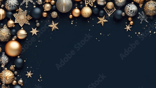 Merry Christmas sign banner frame with empty space and festive decoration on navy background, Blurry background, template, Bokeh, Copy Space, Generative AI