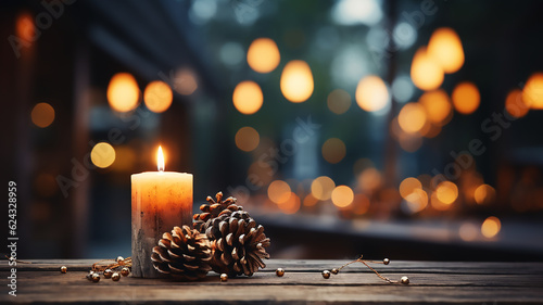 White Christmas candle on rustic wooden boards - Decoration with natural elements, twigs, pine cones and cookies - First Advent Sunday, Blurry background, template, Bokeh, Copy Space, Generative AI