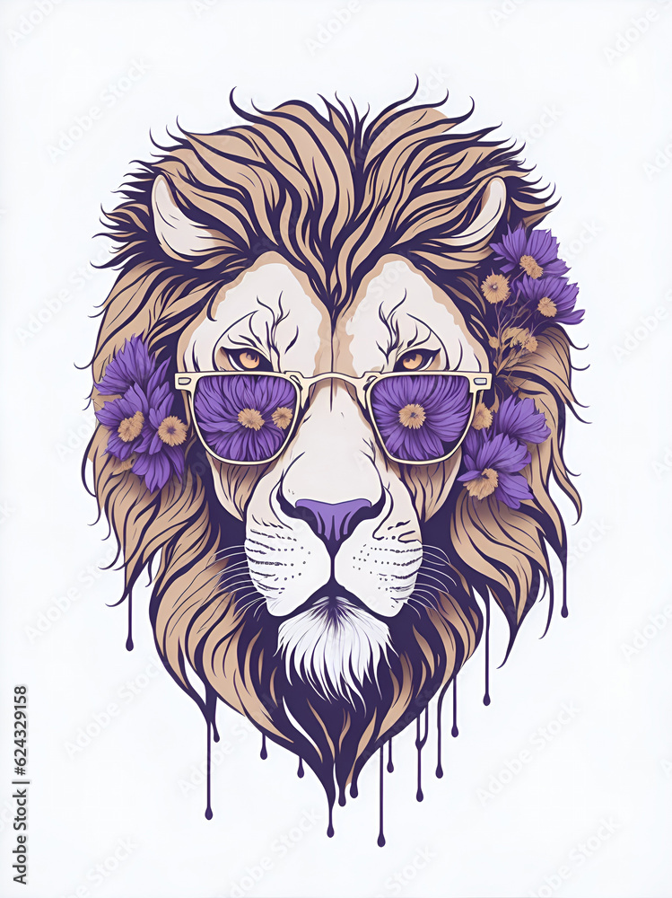 Obraz premium Lion heaad in sunglasses. AI generated illustration