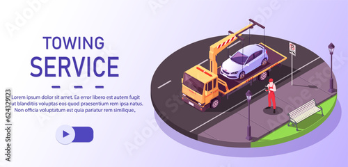 Tow truck road service. Business banner. Transport emergency. Car, vehicle accident. Internet add. Service application. Web illustration. Wrecker assistance. Isometric vector illustration.