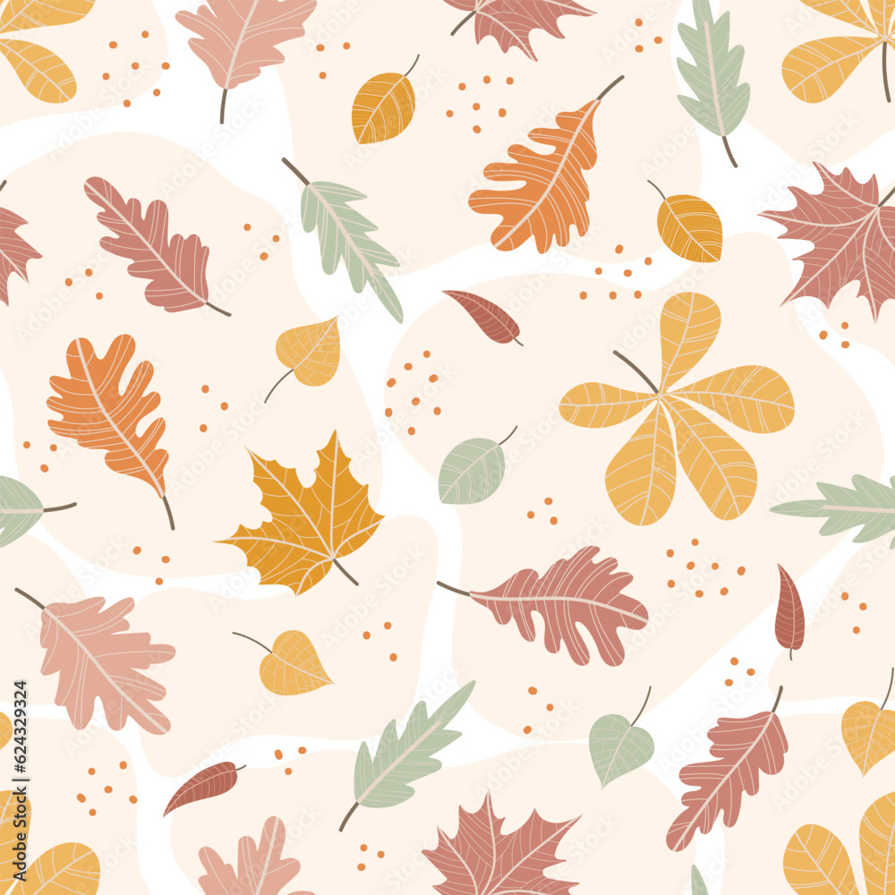 Seamless pattern with colorful chestnut, maple and oak leaves. Autumn design. Thanksgiving and harvest concept. Modern print for fabric, textiles, wrapping paper. Vector illustration