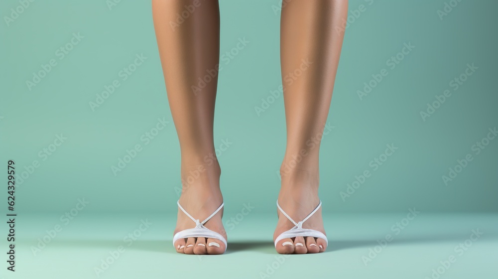 Woman slender legs, feet are on the floor on green background