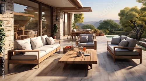  Interior of modern living room 3D rendering image.There are wooden terrace wooden floor and sofa