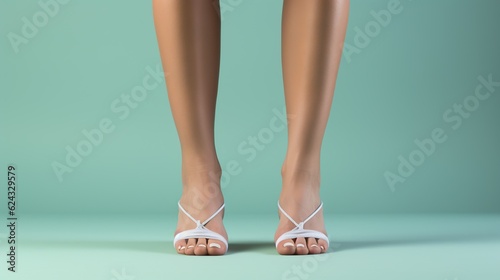 Woman slender legs, feet are on the floor on green background