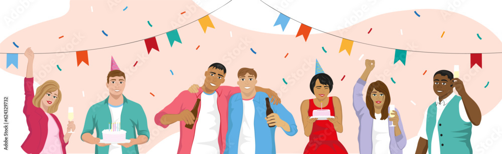Group of happy friends having celebration party. Women wearing dress drinking champagne and men in shirts drinking beer, holding cakes. Confetti and flags. Concept of joyful event. Vector illustration