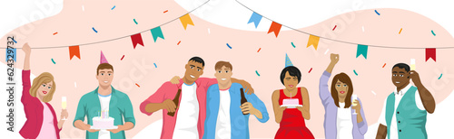 Group of happy friends having celebration party. Women wearing dress drinking champagne and men in shirts drinking beer, holding cakes. Confetti and flags. Concept of joyful event. Vector illustration