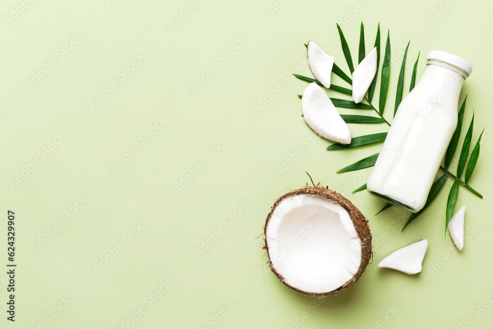 coconut products on white wooden table background. Dairy free milk substitute drink, Flat lay healthy eating coconut products on white wooden table background. Dairy free milk substitute drink, Flat lay healthy eating