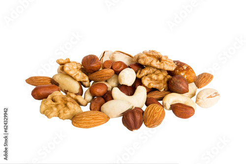 pile mixed nuts isolated on white background, top view. Flat lay Healthy food concept