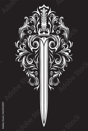 Sword of a medieval knight. Tattoo isolated on a black background