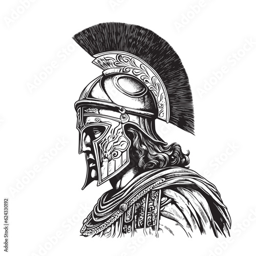 The head of an ancient Greek warrior in a helmet. Portrait isolated on a white background