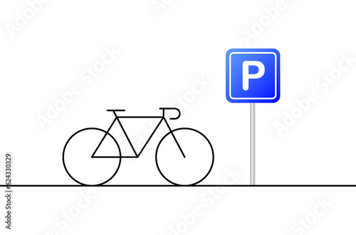 Bicycle parking. Flat, color, bike parking sign, bike near the sign. Vector illustration