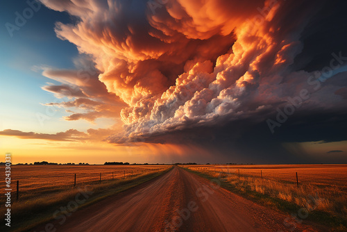 Spectacular cloud formation over a field. Beautiful sunset landscape. Sensational light show. Massive clouds.