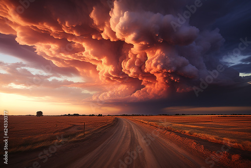 Spectacular cloud formation over a field. Beautiful sunset landscape. Sensational light show. Massive clouds.