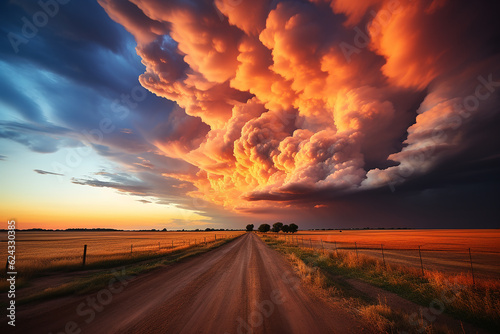 Spectacular cloud formation over a field. Beautiful sunset landscape. Sensational light show. Massive clouds. © ukasz