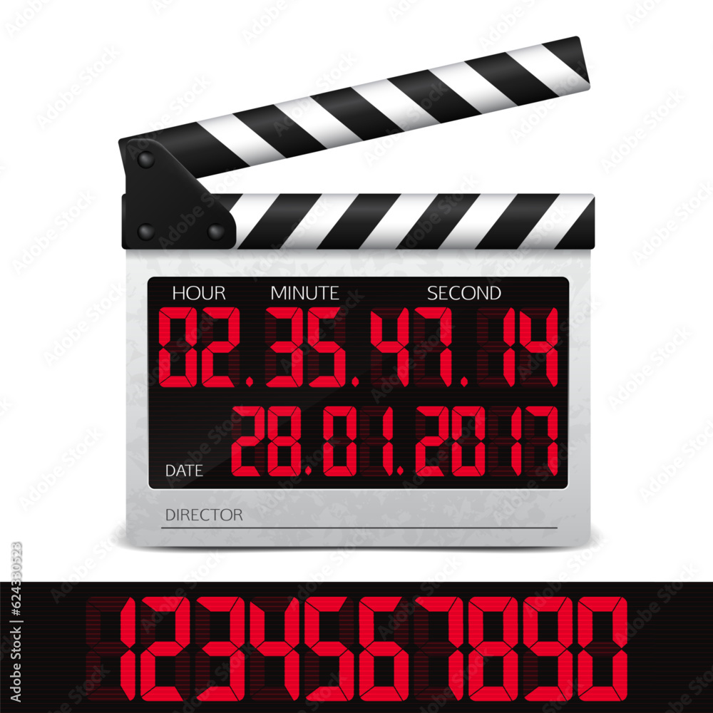 Digital clapper board on white background. Film movie clapper board with digital numbers. Vector illustration.