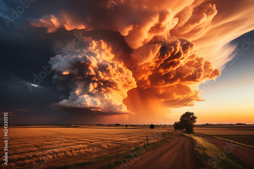 Spectacular cloud formation over a field. Beautiful sunset landscape. Sensational light show. Massive clouds.