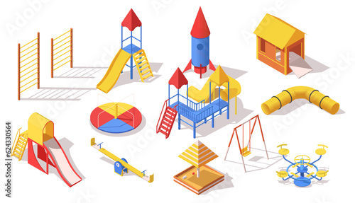 Set of children playground, swing, slide, kid park, equipment, fun, outdoor, summer activity, childhood preschool amusement. Isolated on white background. Isometric vector illustration