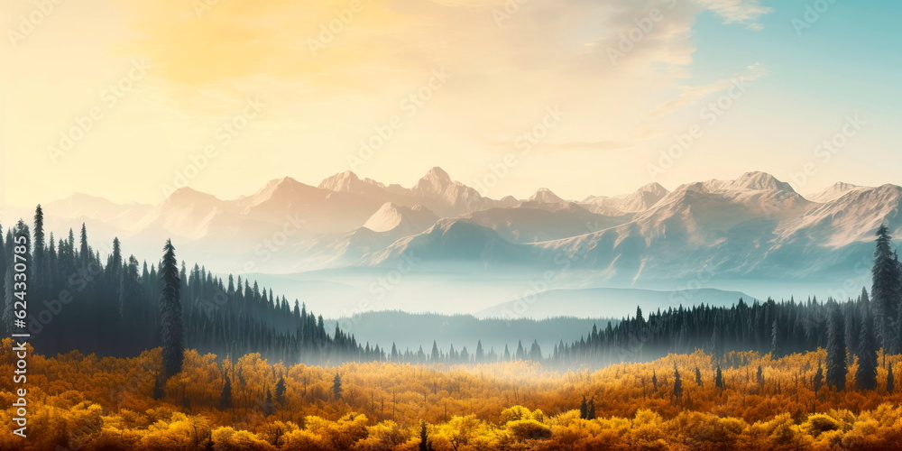 Fototapeta premium panoramic illustration of a misty autumn morning in the mountains, with golden trees and a glimpse of distant peaks. Generative Ai