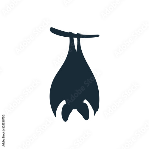 Vector isolated icon illustration of cartoon bat hangs upside down on a branch, black silhouette of halloween bat