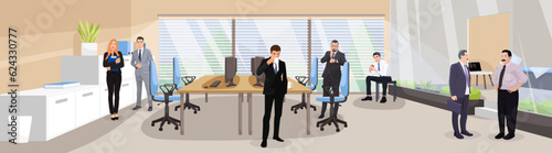 Business conference in office. Person waiting group for company meeting. Concept of job with communication and brainstorming. Group of people standing in the room. Vector illustration