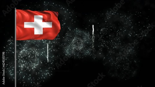 Switzerland Flag Background with flagpole and fireworks. Swiss Flag Waving animation, great for Switzerland or Swiss National Day, Independence Day, New Year and more Swiss event. Loop waving flag