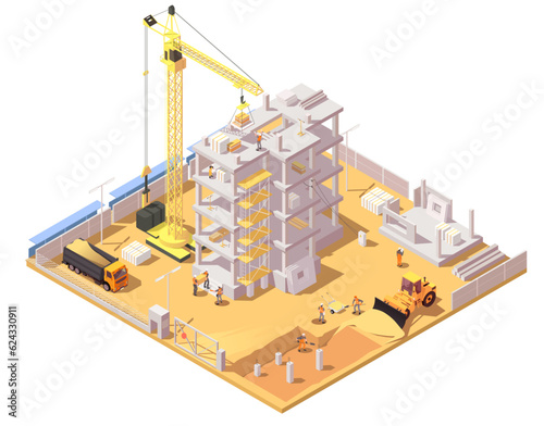 Construction site with builders and special vehicles like crane, tractor, truck. Process of building multi-storey building. Industrial technology in architecture. Isometric vector illustration