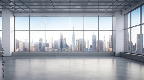 Modern office with large windows and city view.