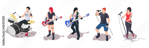 Set of musician, guitarist, drummer, singer, rock band, bass guitar, cartoon singer, vocalist, group concert, microphone, playing music. Isolated on white background. Isometric vector illustration