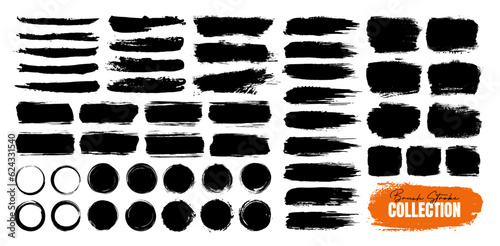 Brush stroke, ink splash, splatter, grunge texture, line, frame, banner and grungy watercolor paint design elements. Set of black stain or dirty spray for social media background. Ornament decoration.