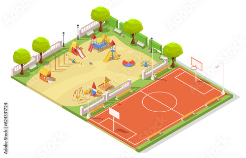 Outdoor area for sport activity, children playground and basketball court, game, leisure, kid, sandpit, swing, slide, field, street. Public play courtyard. Isometric vector illustration
