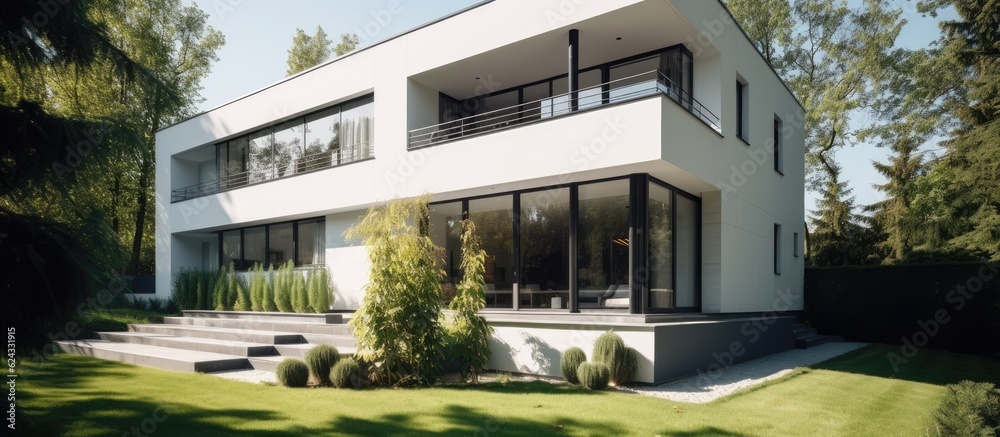 Contemporary villa with a lush garden in daylight. Contemporary villa with a lush garden in daylight.