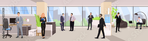 People prepare for formal meeting together in office. Manager in suit talking to college. Employee checks presentation on desktop computer. Concept of corporate job. Vector illustration