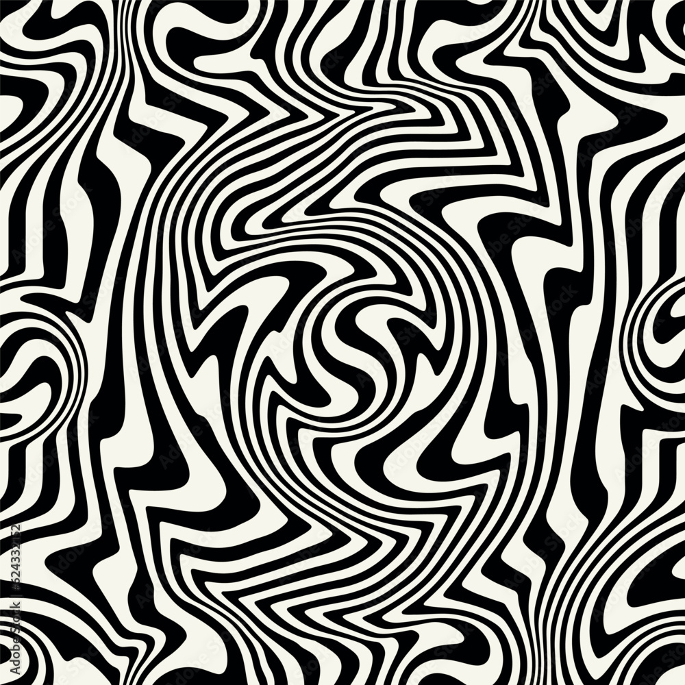 Vector seamless pattern. Abstract op art texture with bold monochrome wavy stripes. Creative background with distorted lines. Decorative op art design with distortion effect. Vector seamless pattern. Abstract op art texture with bold monochrome wavy stripes. Creative background with distorted lines. Decorative op art design with distortion effect.