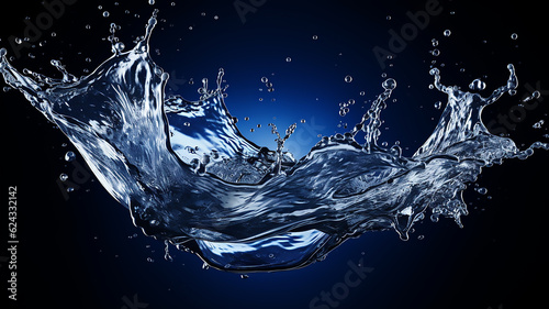 Water splash in dark blue color with a drop of water flying from above, Blurry background, template, Bokeh, Copy Space, Generative AI