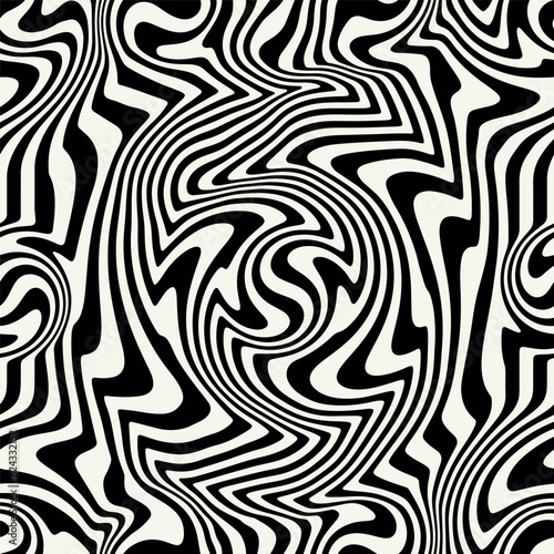 Vector seamless pattern. Abstract op art texture with bold monochrome wavy stripes. Creative background with distorted lines. Decorative op art design with distortion effect.