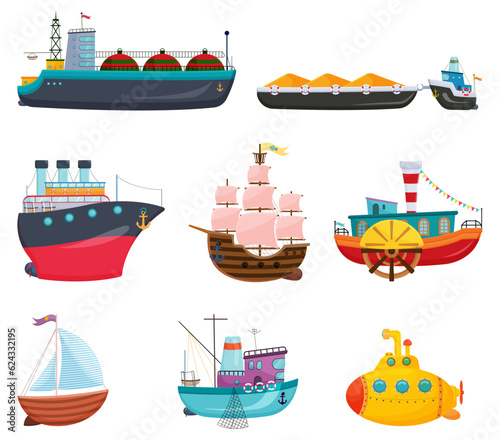 Collection of cartoon water transport. Various ships evolution, fishing boat, vessel, sailboat, submarine, cargo barge, yacht. Commercial shipment. Vector illustration, isolated on white background.
