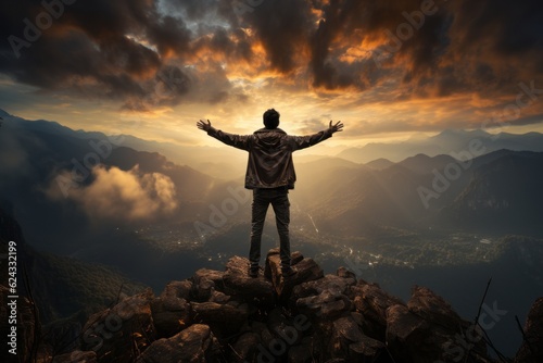 A surreal picture of a person standing on a cliff, arms outstretched, embracing the vastness of the universe and symbolizing the limitless potential of the soul. Generative AI photo