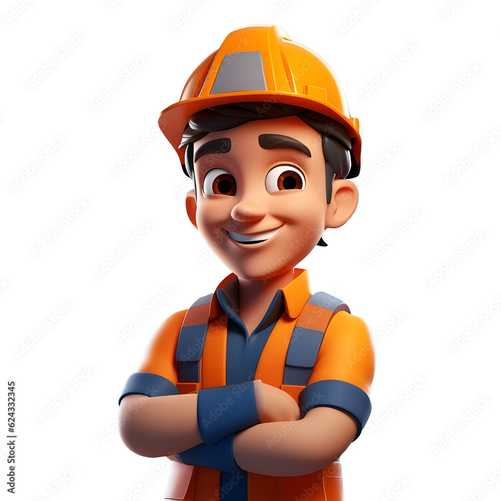 3d cartoon character of a worker wearing an orange vest and orange helmet, laughing cheerfully, isolated transparent background, International Labor Day. International Worker’s Day. Generative AI 3d cartoon character of a worker wearing an orange vest and orange helmet, laughing cheerfully, isolated transparent background, International Labor Day. International Worker’s Day. Generative AI